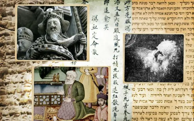 Вверху слева: Резьба на даосском храме; считается, что даосские мастера на протяжении истории жили сотни лет. Внизу слева: Иллюстрация из «Шахнамы», персидской поэмы X века, в которой перечисляется продолжительность жизни царей — сотни лет и даже более 1000. (Wikimedia Commons) Справа: Картина Рембрандта с изображением библейского персонажа Авраама; считается, что Авраам прожил намного дольше, чем ожидается у современных людей. (Wikimedia Commons) Фон: (слева направо) Древняя шумерская табличка (Wikimedia Commons), древний китайский медицинский текст (Defun/iStock/Thinkstock) и еврейская письменность (Shutterstock) Shutterstock