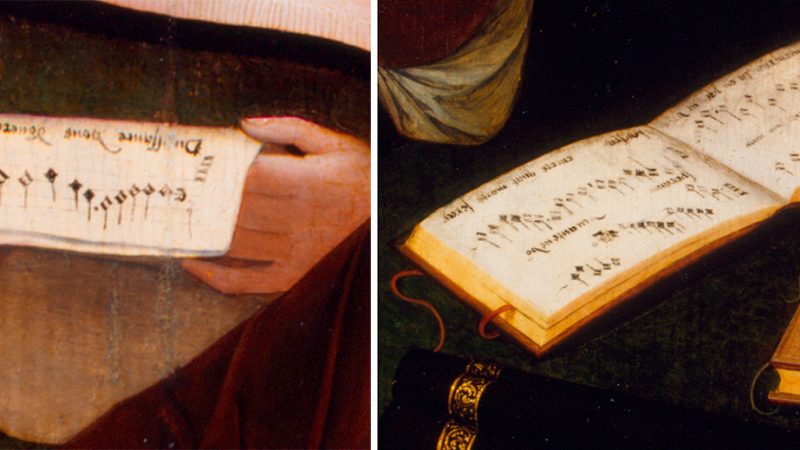 Фрагмент нотной записи из цикла «Три музыканта», ок. 1530 г., автор — «Мастер женских портретов в полроста». Музей искусств округа Лос-Анджелес. (Авторские права: Museum Associates/LACMA)