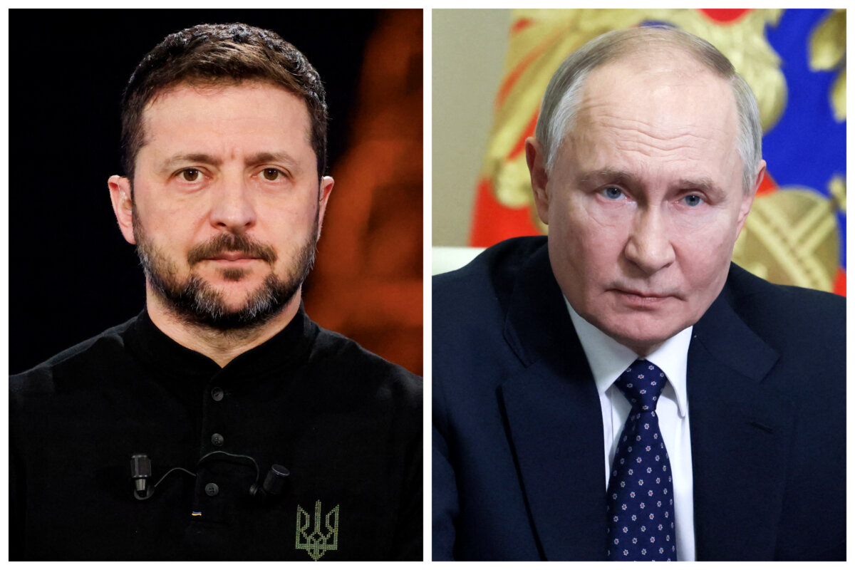 (Слева) Президент Украины Владимир Зеленский в Музее человека в Париже 26 марта 2025 года. (Справа) Президент России Владимир Путин в государственной резиденции Ново-Огарево под Москвой 14 марта 2025 года. (Людовик Марин, Алексей Бабушкин/AFP via Getty Images)