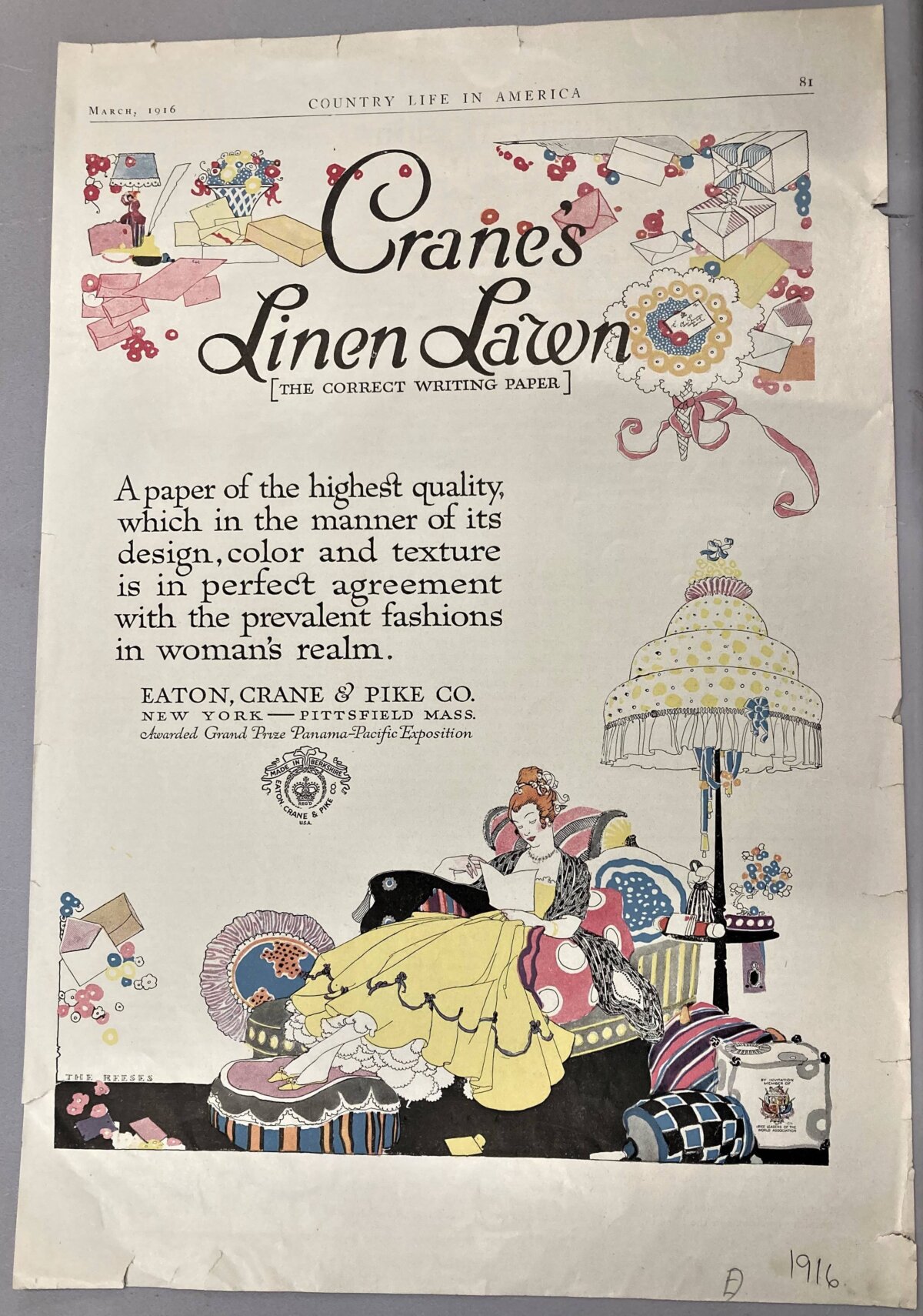Реклама канцелярских товаров Crane в журнале, 1916 год. (Музей бумажного производства и Центр бумажного искусства Crane)