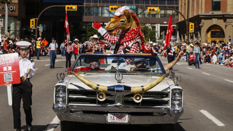 Гарри-Лошадь машет толпе во время парада Calgary Stampede в Калгари 3 июля 2026 года. (The Canadian Press/Jeff McIntosh)