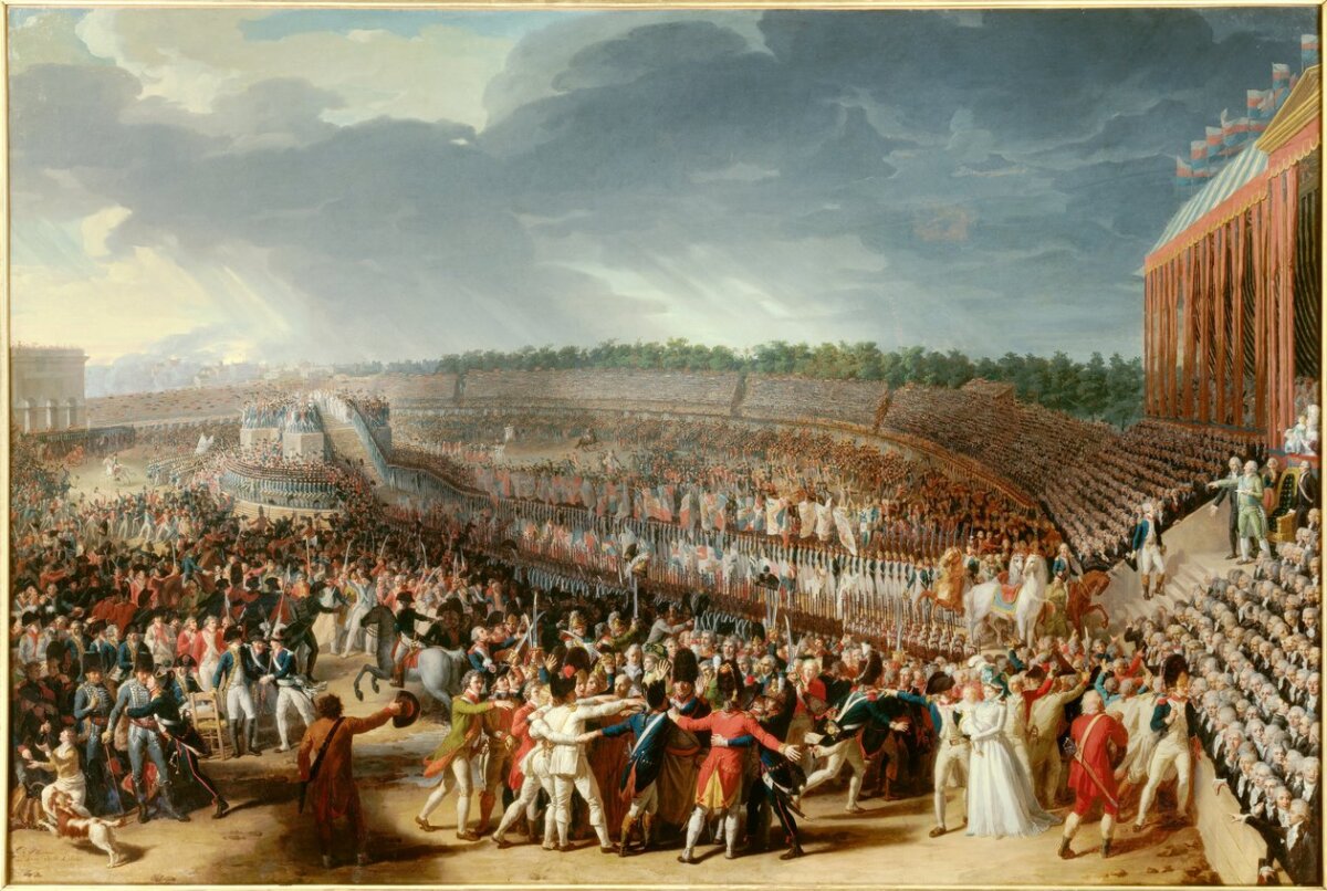 Праздник Федерации 14 июля 1790 года на Марсовом поле в Париже. (Картина Чарльза Тевенена/Общественное достояние)